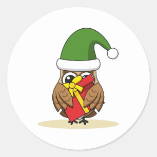 Sticker Rond Chouette elfe de Noël avec présent