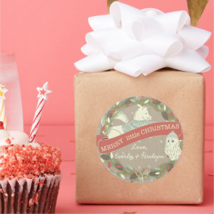 Sticker Rond Chouette Fox Joyeux petit Garland de Noël clair