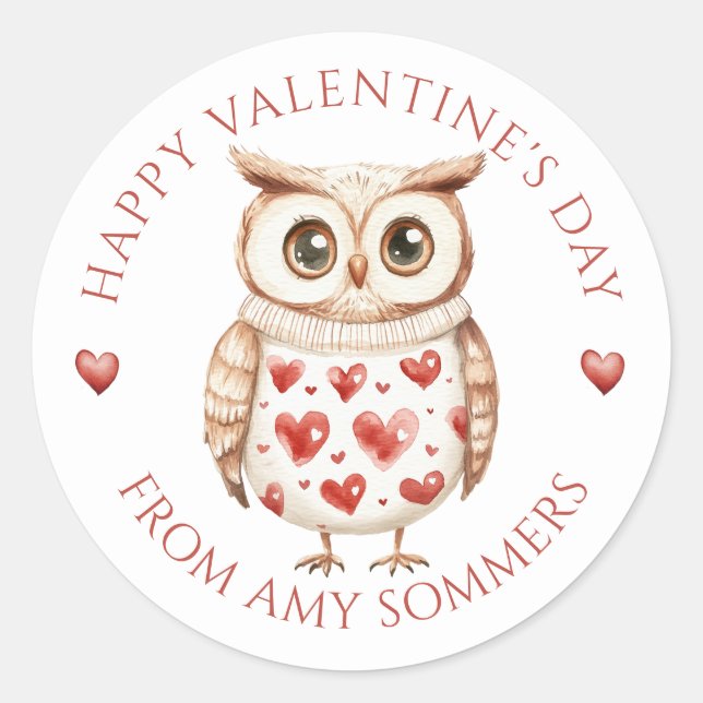 Sticker Rond Chouette Heureuse Sainte-Valentin de l'aquarelle (Devant)