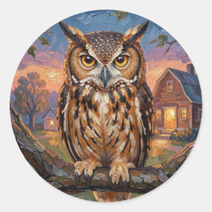 Sticker Rond Chouette hulotte Rustique Impasto