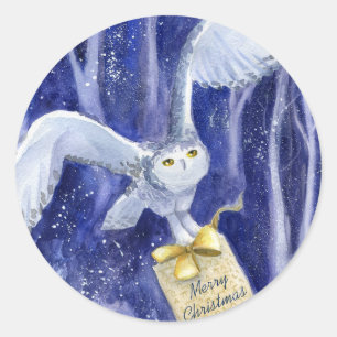 Sticker Rond Chouette lunaire Aquarelle de Noël bleu-violet