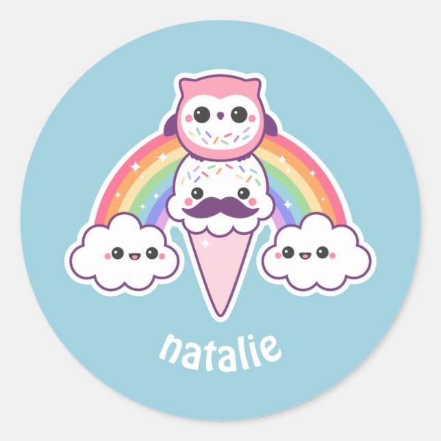 Sticker Rond Chouette mignonne avec cône de crème glacée (Devant)