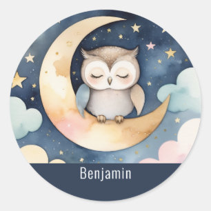 Sticker Rond Chouette Mignonne Endormie sur la Lune avec Nom Pe