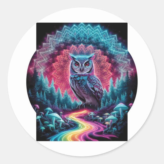 Sticker Rond Chouette psychédélique Mandala - Trippy Forest Art (Devant)