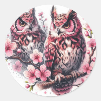 Sticker Rond Chouette rose