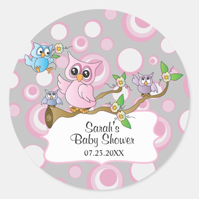 Sticker Rond Chouette rose et gris mignonne Bébé (Devant)