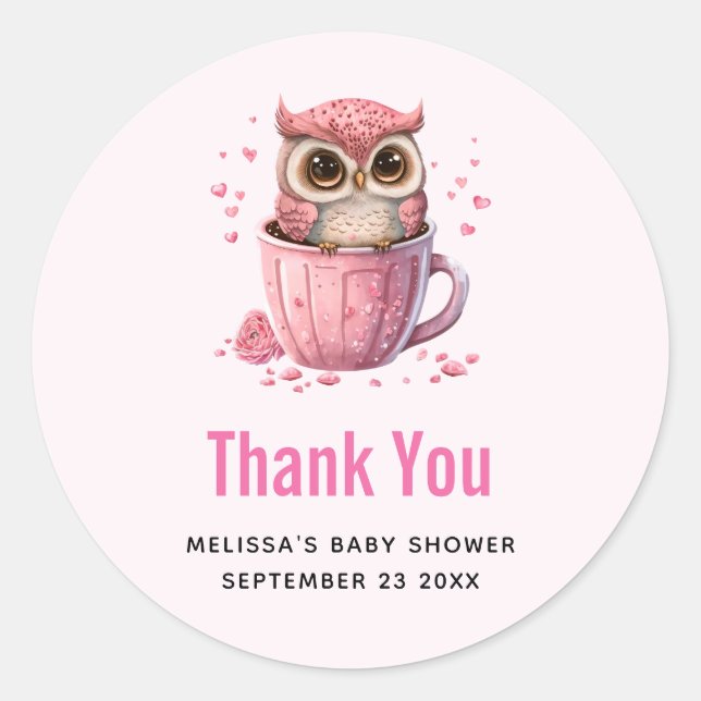 Sticker Rond Chouette rose mignonne dans un Merci de coupe (Devant)