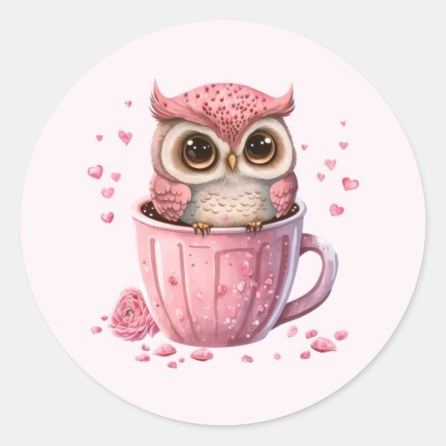 Sticker Rond Chouette rose mignonne en coupe (Devant)