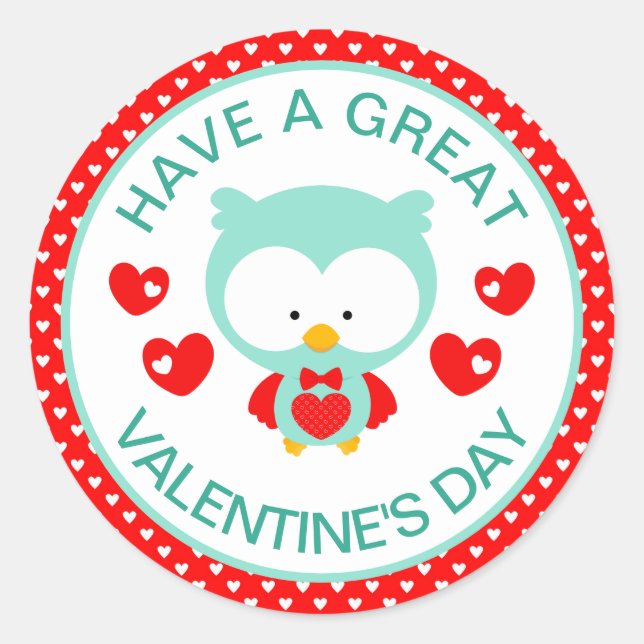 Sticker Rond Chouette Turquoise mignonne et coeurs Saint-Valent (Devant)