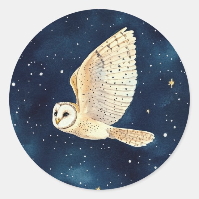 Sticker Rond Chouette volant dans la nuit étoilée aquarelle Noë (Devant)