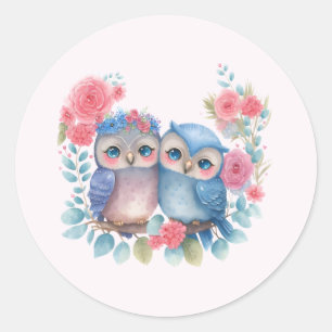 Sticker Rond Chouettes amoureuses Assis sur une branche d'arbre