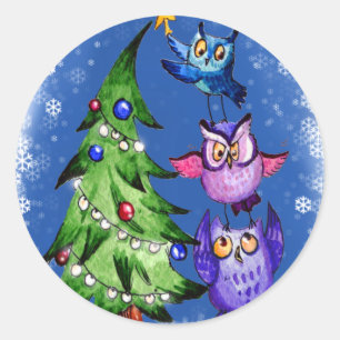 Sticker Rond Chouettes bleu Noël