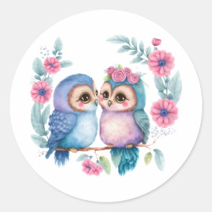 Sticker Rond Chouettes d'amour pourpre : une jolie et romantiqu