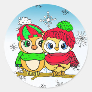 Sticker Rond Chouettes mignonnes à lunettes le jour de Noël d'h