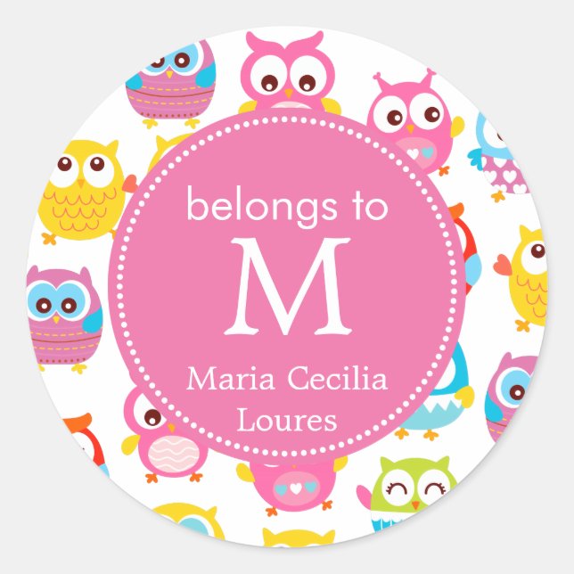 Sticker Rond Chouettes mignonnes en petits morceaux Monogramme (Devant)