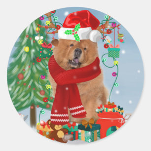 Sticker Rond Chow Chow Chien en neige avec cadeaux de Noël