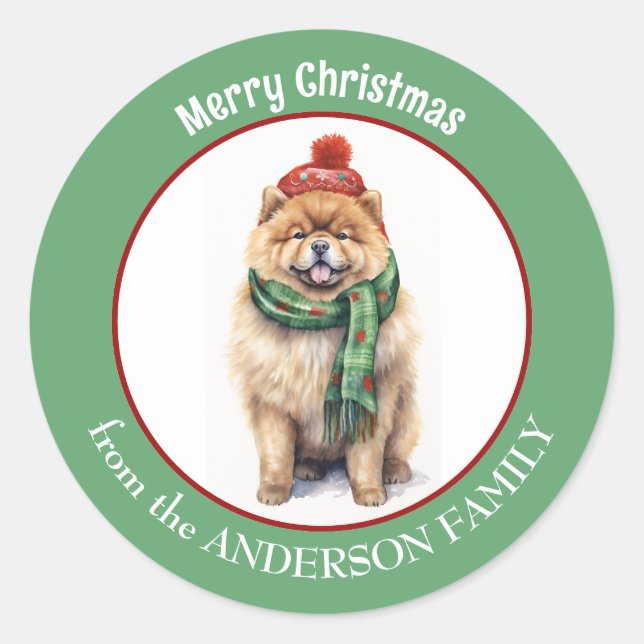 Sticker Rond Chow Chow Chien en vert Écharpe de Noël et Casquet (Devant)