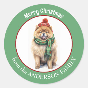 Sticker Rond Chow Chow Chien en vert Écharpe de Noël et Casquet