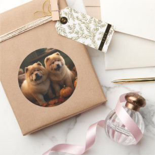 Sticker Rond Chow Chow Chiot Automne Citrouille de plaisir