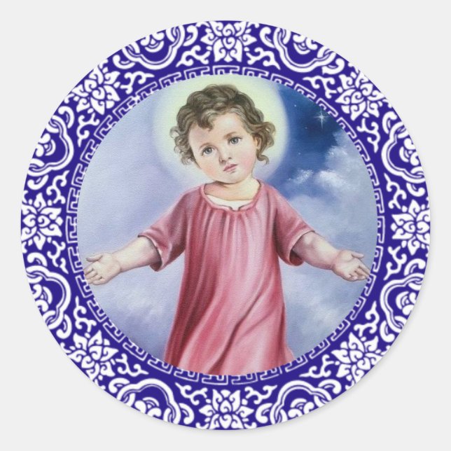 Sticker Rond Christ Enfant Jésus Nuages Frontière Bleue (Devant)