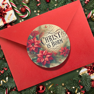 Sticker Rond Christ Est Né Noël Poinsettia Religieux