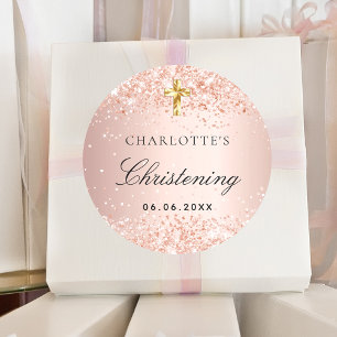 Sticker Rond Christening blush rose or parties scintillant nom 