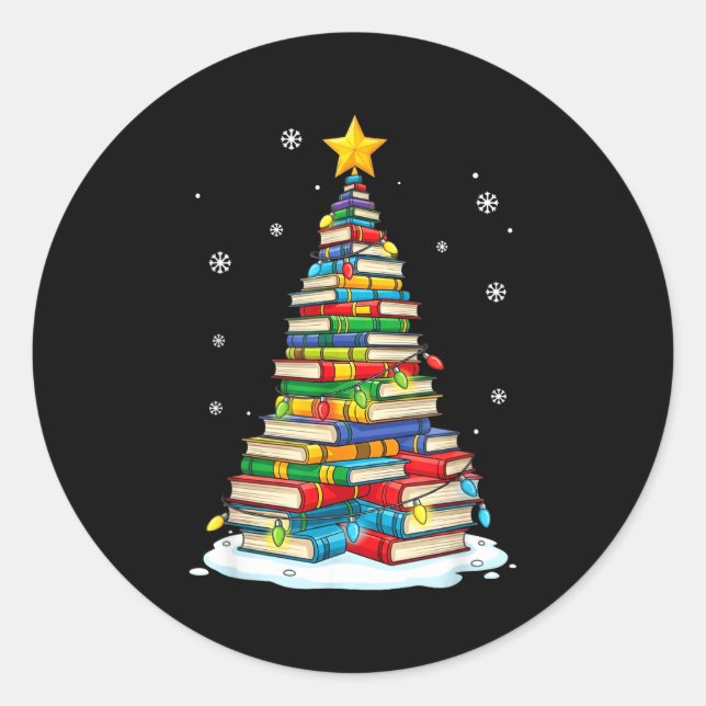 Sticker Rond Christmas Book Tree Funny Librarians Books Lover  (Devant)