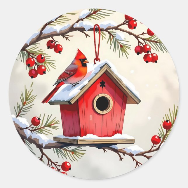 Sticker Rond Christmas Cardinal Birdhouse snowy pine branch  (Devant)
