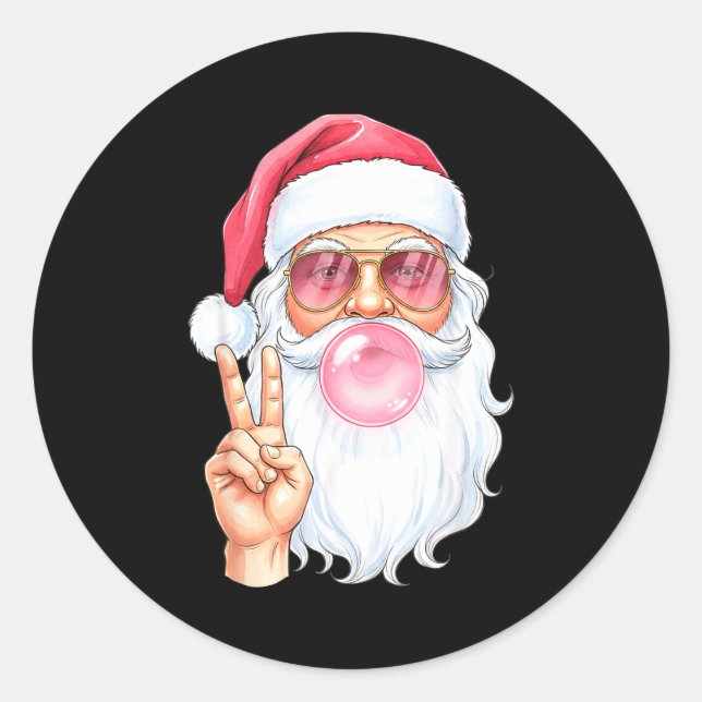 Sticker Rond Christmas Cool Santa Bubble Gum Peace Sign Retro S (Devant)