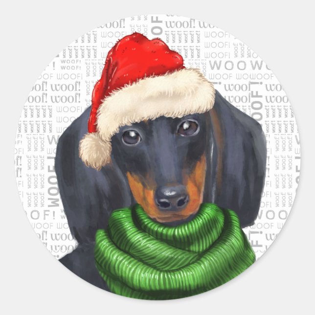 Sticker Rond Christmas Dachshund et Woof Art Amoureux des chien (Devant)