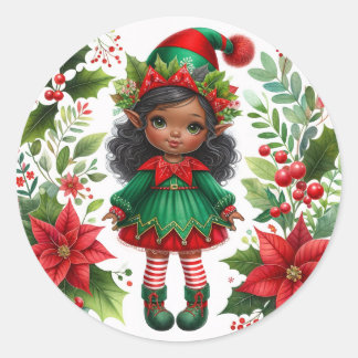 Sticker Rond Christmas Elf With Brown Skin Holiday