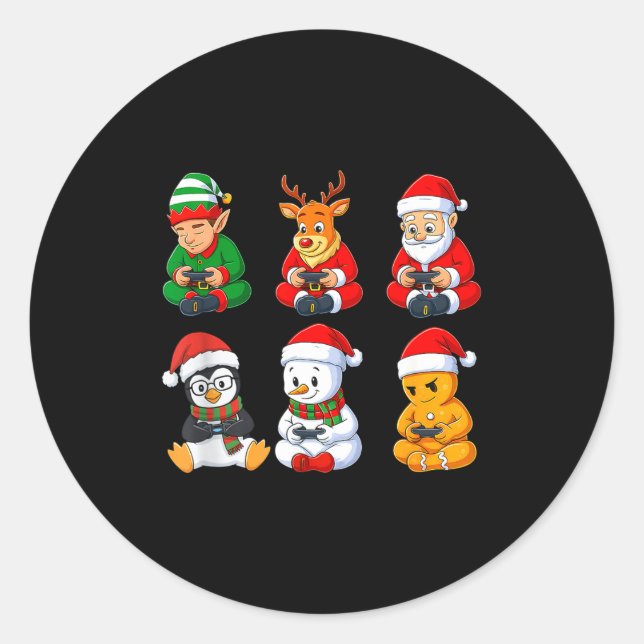 Sticker Rond Christmas Gamer Boys Video Games Santa Elf Reindee (Devant)