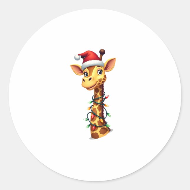 Sticker Rond Christmas Giraffe Santa Hat Lights Giraffe Men Wom (Devant)