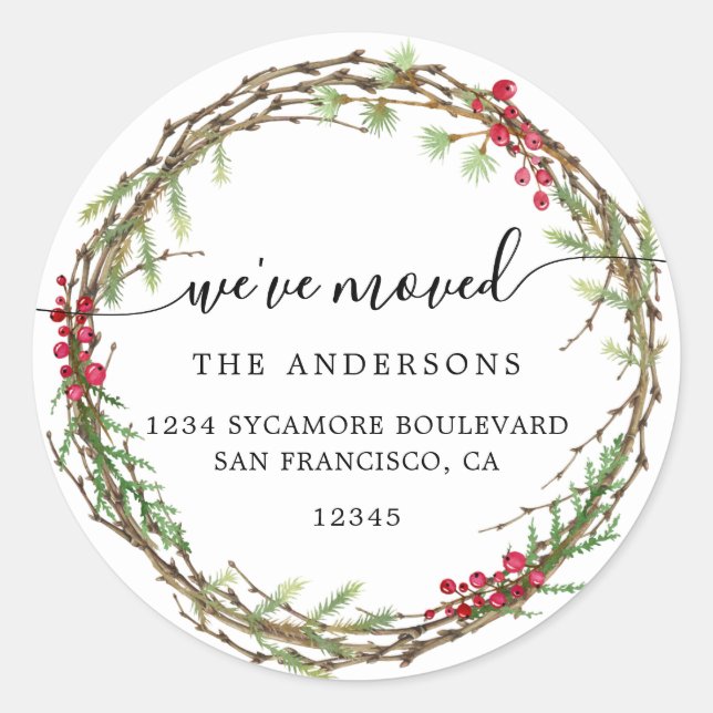 Sticker Rond Christmas Greenery Nous avons déménagé Nouveau éti (Devant)