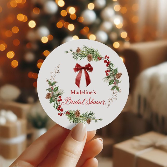 Sticker Rond Christmas Greenery Red Bow Bridal Shower  (Créateur téléchargé)
