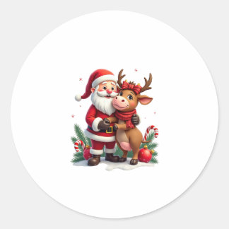 Sticker Rond Christmas Highland Cow With Santa Scottish Vintage