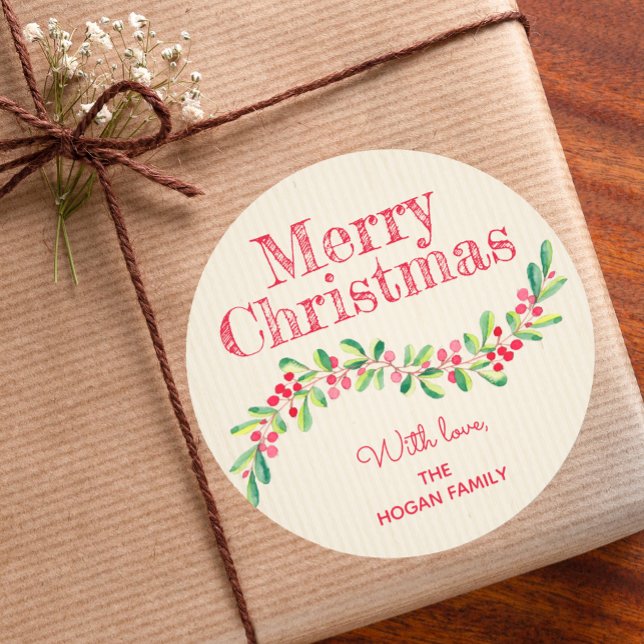 Sticker Rond Christmas Holly and Berry Holiday (Christmas stickers with leaves and berries personalized for gift giving)