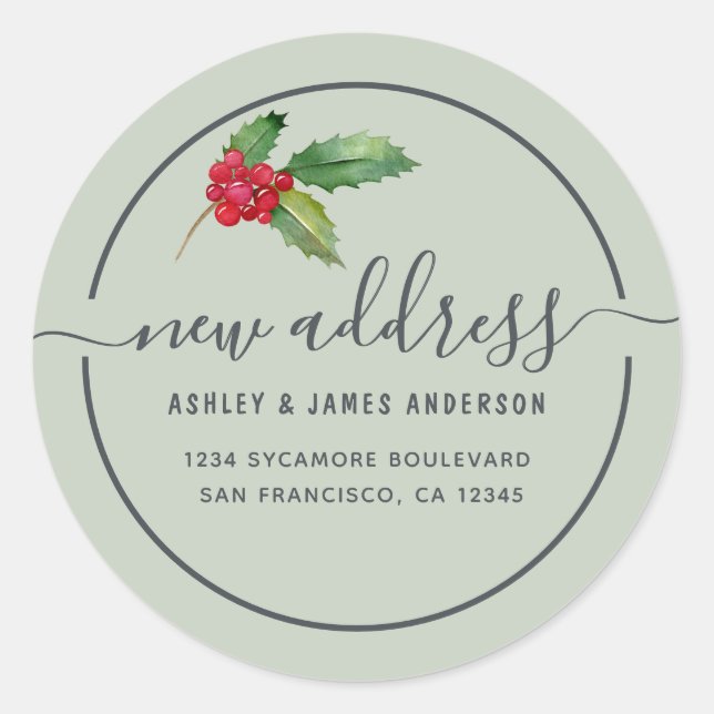 Sticker Rond Christmas Holly Berries We've Moved New Address (Devant)