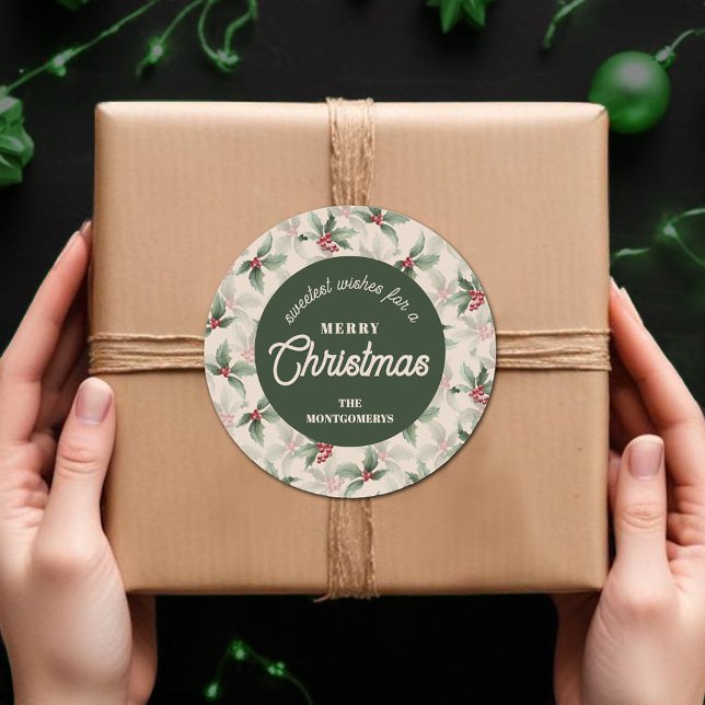 Sticker Rond Christmas Holly Berry Homemade Food Holiday Baking (Sweetest Wishes for a Merry Christmas holly and berries homemade food holiday baking round stickers)
