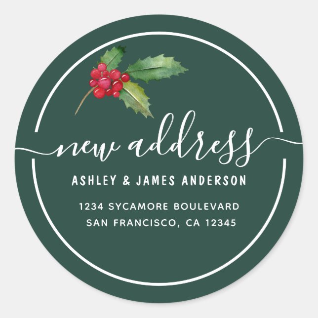 Sticker Rond Christmas Holly Green New Address Holiday (Devant)