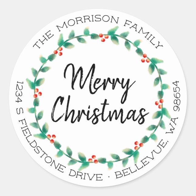 Sticker Rond Christmas Holly Wreath Family Return Adresse (Devant)