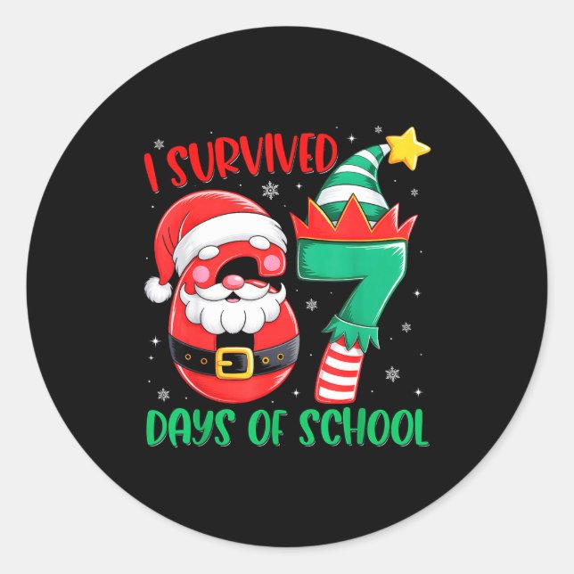 Sticker Rond Christmas I Survived 67 Days Of School Funny Six S (Devant)