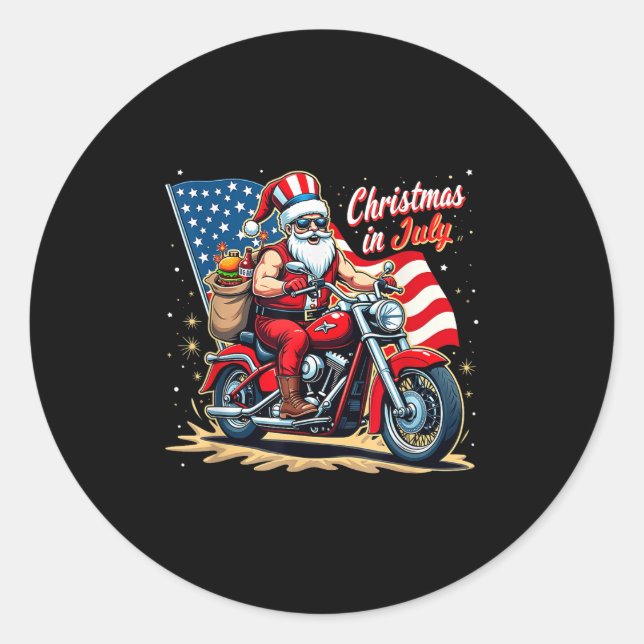 Sticker Rond Christmas In July Biker Santa American Funny Summe (Devant)