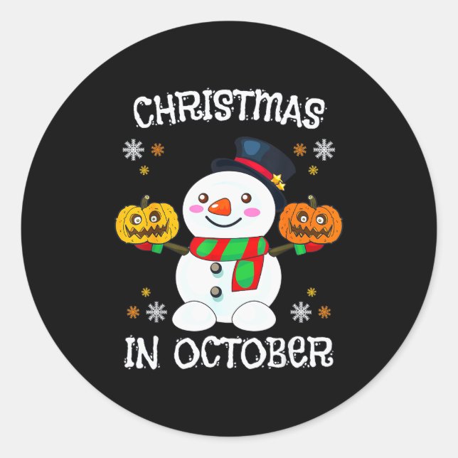 Sticker Rond Christmas In October Halloween Snowman Pumpkin Kid (Devant)