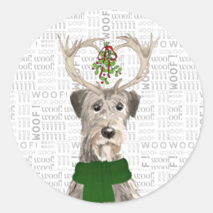 Sticker Rond Christmas Irish Wolfhound et Woof Art Amoureux des