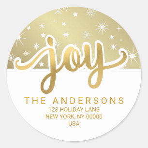 Sticker Rond Christmas Joy Gold manuscrit Adresse de retour