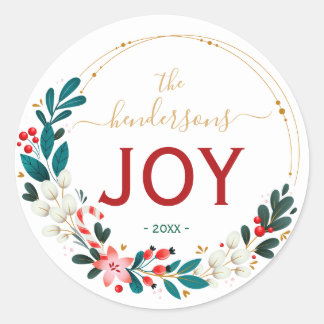 Sticker Rond Christmas Joy Wreath Name Handwritten Script