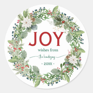 Sticker Rond Christmas Joy Wreath Name Handwritten Script Red
