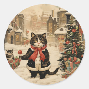 Sticker Rond Christmas Kitty, Jour de la neige