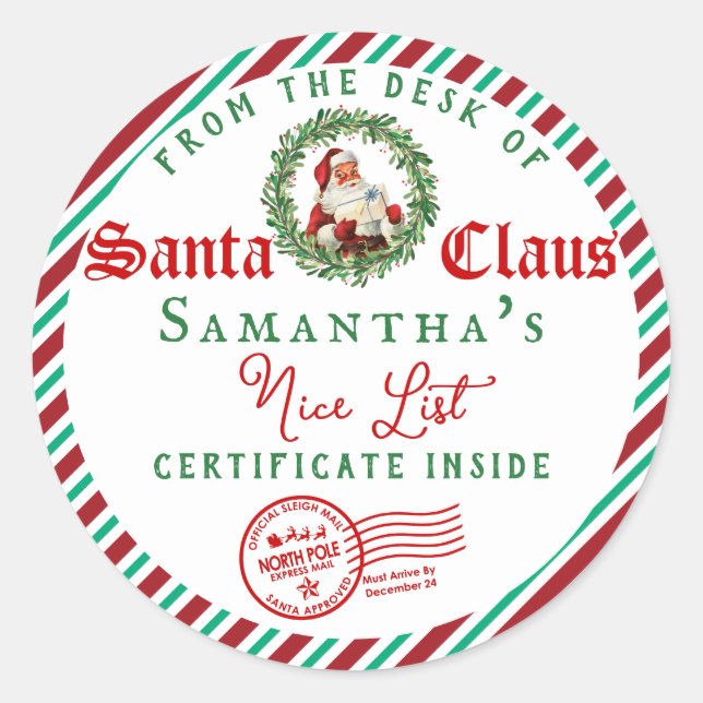 Sticker Rond Christmas Letter from Santa Nice List Certificate (Devant)